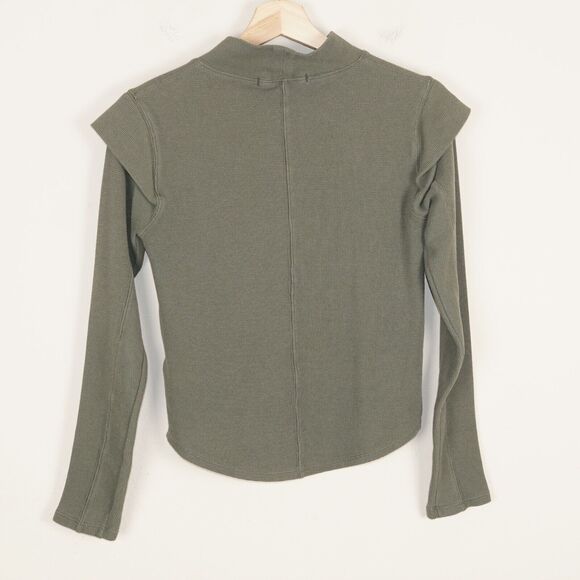 Free People Green Mock Neck Thermal Long Sleeve Shirt Padded Shoulder Top XS - Picture 2 of 7